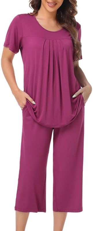 COLORFULLEAF Schlafanzug Damen Still Pyjama Set Zweiteiler Damen Sommer Leichter Kurzarm Nachtwäsche