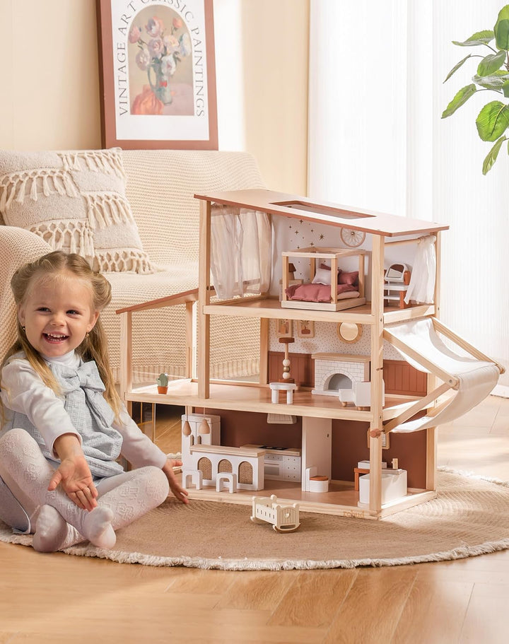 ROBUD Puppenhaus Holz, 3-Stöckiges Böhmischen Stil Puppenhaus mit 37 Zubehör & Möbel, Kinder Spielze