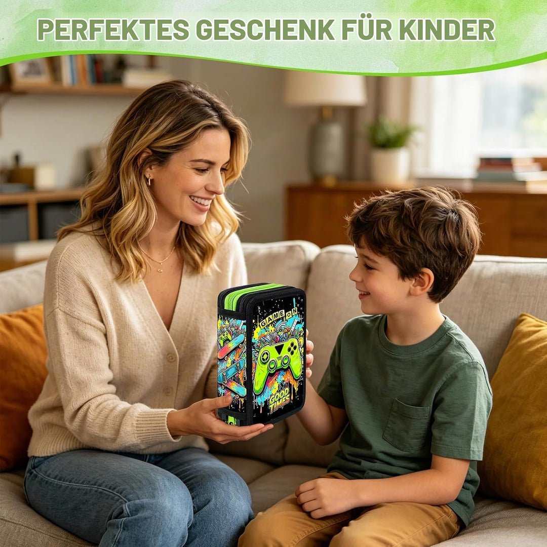 41 Artikel Federmappe Jungen, Federmäppchen 3 Fach Jungen Mäppchen Gefüllt Spiel Set, Federtasche 3