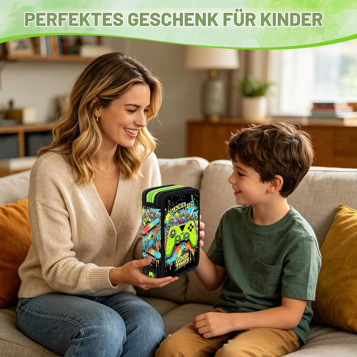 41 Artikel Federmappe Jungen, Federmäppchen 3 Fach Jungen Mäppchen Gefüllt Spiel Set, Federtasche 3