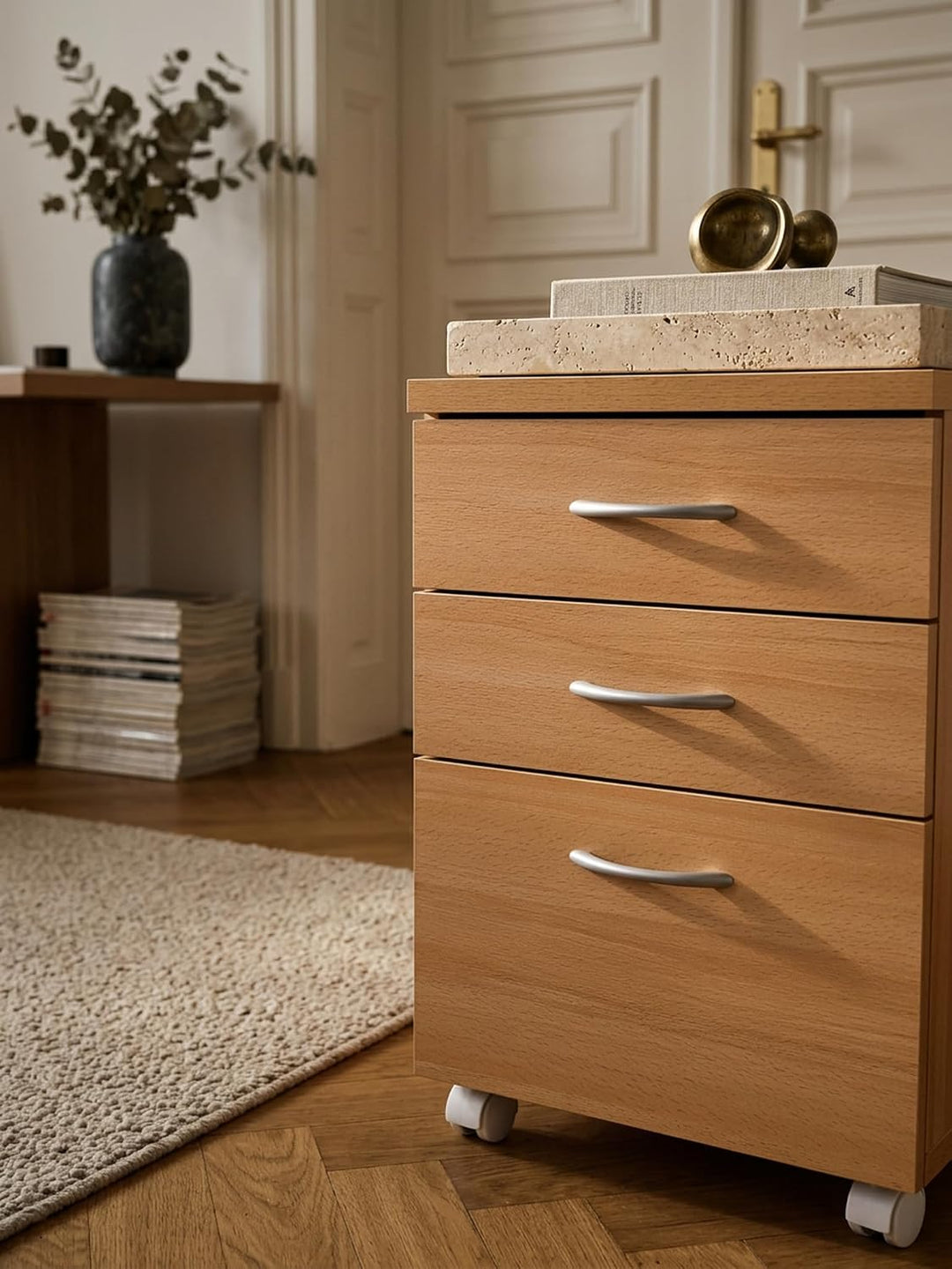 Moderner Büro Rollcontainer in Buche, 60 cm, mit 3 Schubladen, elegante Aluminiumgriffe, praktische