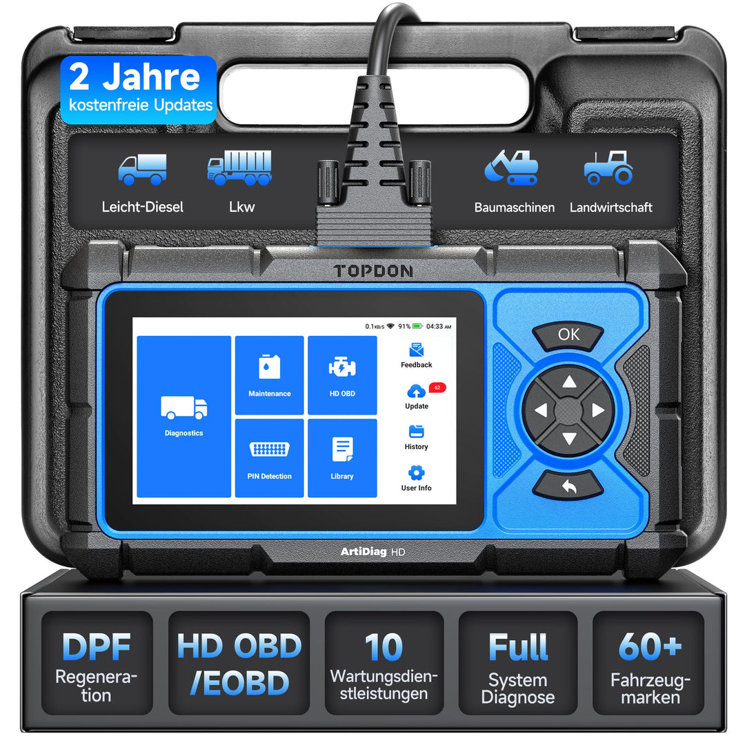 TOPDON ArtiDiag HD LKW Diagnosegerät, Professionelles LKW Scanner für Schwerlastfahrzeuge, 10 Rückst