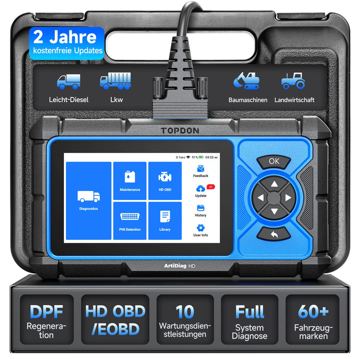 TOPDON ArtiDiag HD LKW Diagnosegerät, Professionelles LKW Scanner für Schwerlastfahrzeuge, 10 Rückst