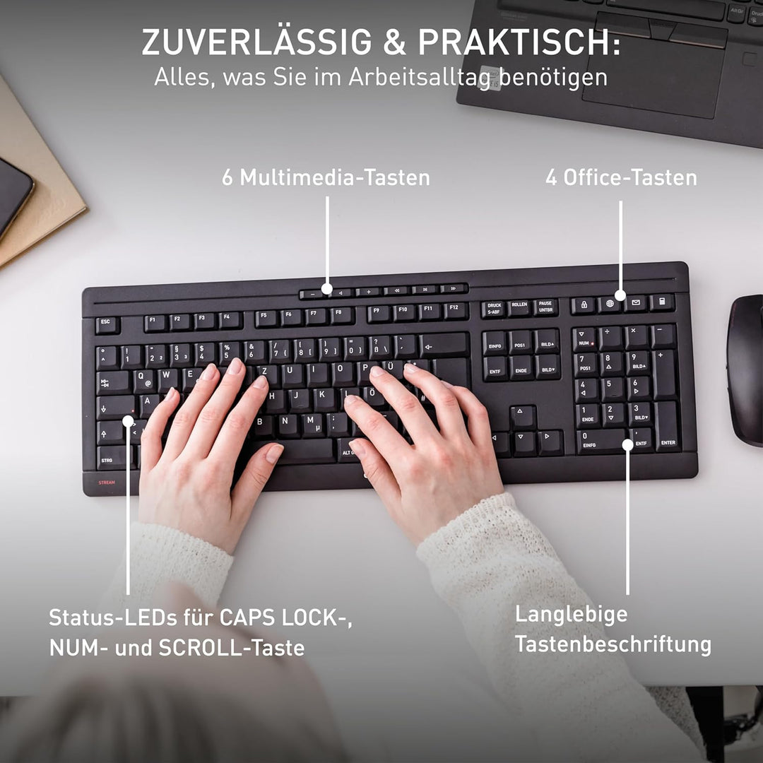 CHERRY Stream Desktop, Kabellose Tastatur und Maus, Deutsch QWERTZ, Schwarz, Schwarz