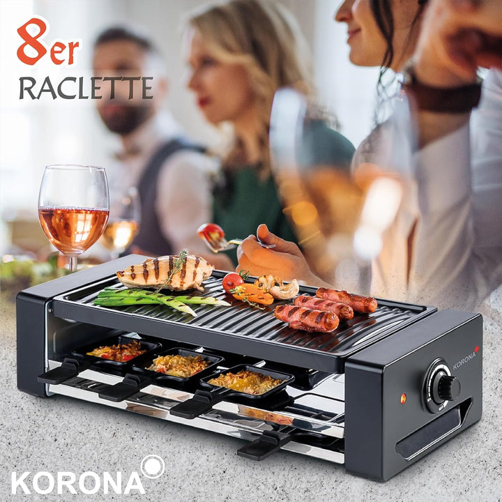 Korona 45070 Raclette für 8 Personen | 8 Pfannen & Spatel | Extra Pfannenablage | Mit antihaftbeschi