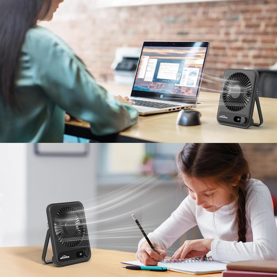 WHATOOK USB Ventilator Leiser: Stufenlos 1-100 Regler, 2000mAh Akku Tischventilator mit LED-Anzeige,