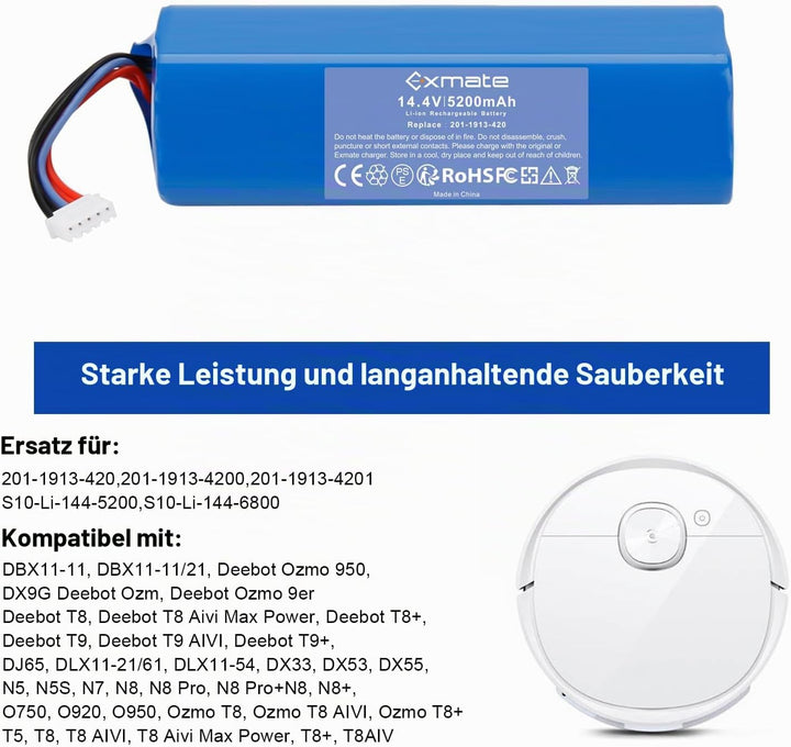 Exmate 14.4V 5200mAh Li-Ion Akku,Ersatzakku für Ecovacs Deebot Ozmo 950 DX9G, Deebot Ozmo 920, Deebo