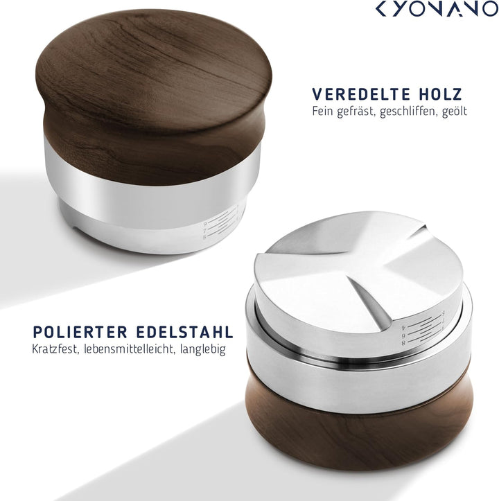 KYONANO Distributor 53.3mm höhenverstellbar, Kaffeepulver-Verteiler aus Premium Edelstahl & Walnussb