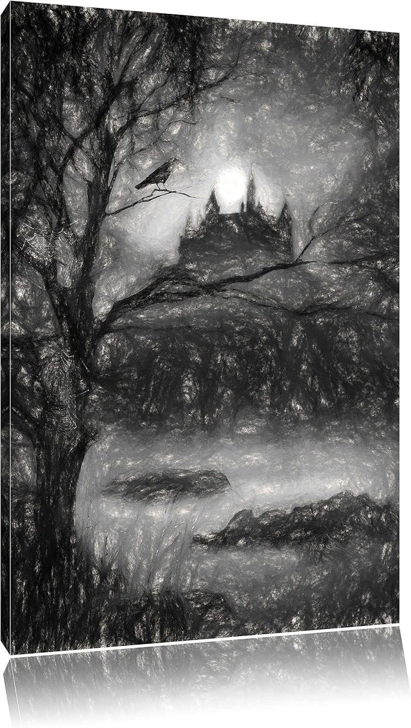 düstere Burg Kohle Effekt, Format: 100x70 auf Leinwand, XXL riesige Bilder fertig gerahmt mit Keilra