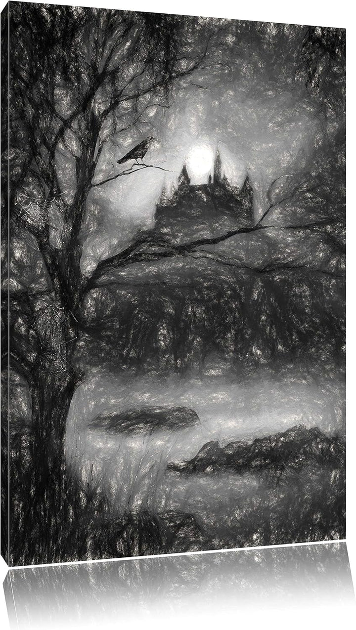 düstere Burg Kohle Effekt, Format: 100x70 auf Leinwand, XXL riesige Bilder fertig gerahmt mit Keilra
