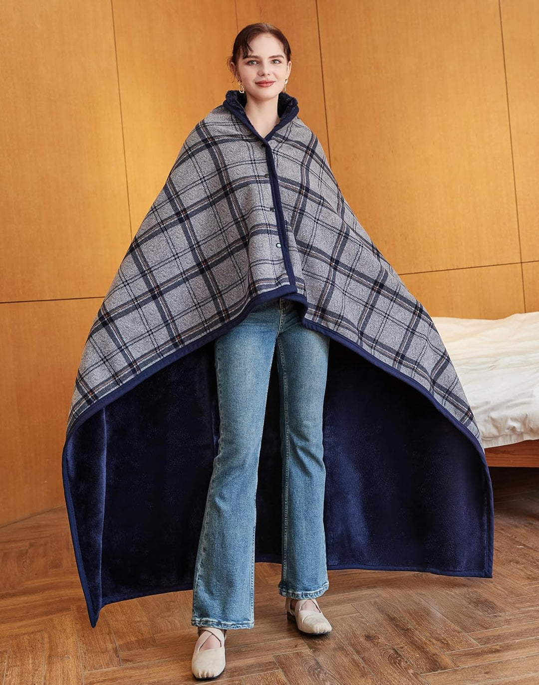 SIVENKE Damen Poncho Fleece Tragbare Decke, Karierte Schossdecke Bequemer Poncho Plüschdecken Überwu