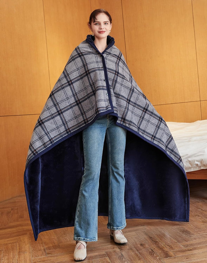 SIVENKE Damen Poncho Fleece Tragbare Decke, Karierte Schossdecke Bequemer Poncho Plüschdecken Überwu