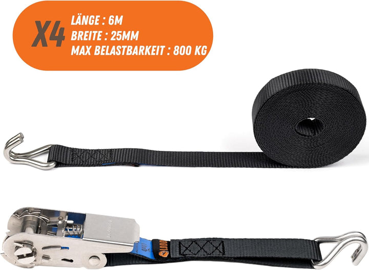 LODD - Spanngurte mit Ratsche 6 m aus Edelstahl, Doppel-J-Haken, Edelstahl, mit Transportkoffer – Id