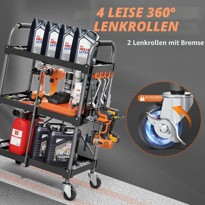 KINGRACK 3-Ebenen servierwagen klappbar mit Rollen ergonomischem Griff, klappbar Allzweck-Dienstwage