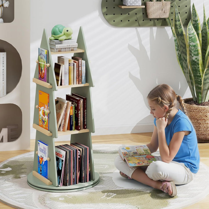 COSTWAY Kinderbücherregal 360° drehbar, Kinder Bücherkarussell 4 Ebenen in Baumform, Ø48 x 102 cm fr