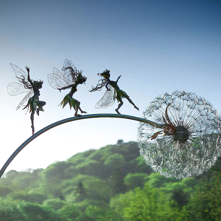 Feen Und Löwenzahn Tanzt Zusammen – Gartendeko Metall, Fairy Bloom Gartendeko, Mythische Feengarten,