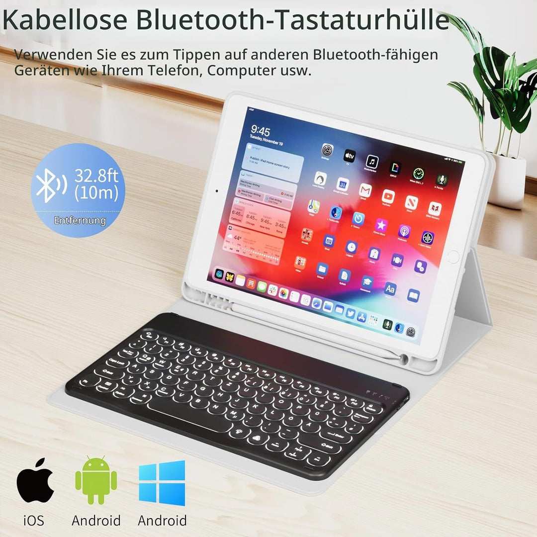 Hülle mit Tastatur für iPad 9/8/7 Generation (2021/2020/2019) 10.2 Zoll Soft TPU Rückschalemit Stift