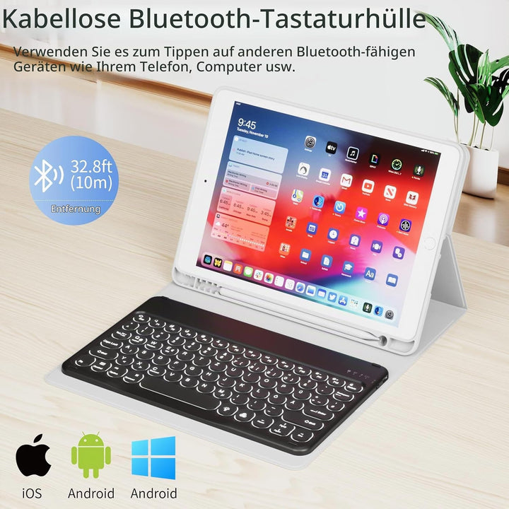 Hülle mit Tastatur für iPad 9/8/7 Generation (2021/2020/2019) 10.2 Zoll Soft TPU Rückschalemit Stift