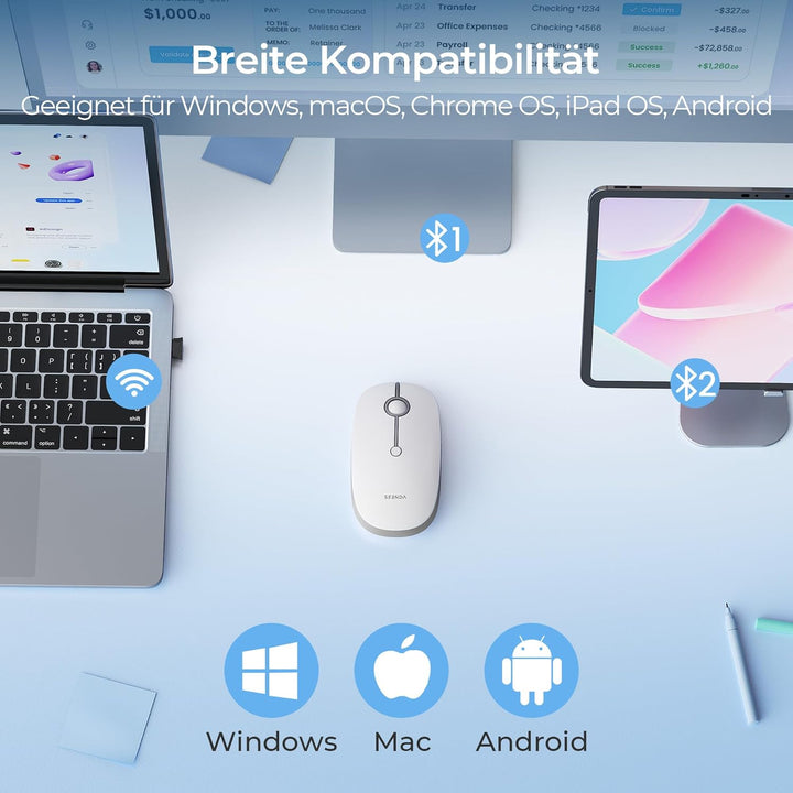 seenda MOU001 Bluetooth Maus, Leise, 3 Geräte Verbindung, Weiss-Silber | USB + Dual-Bluetooth, 3 DPI