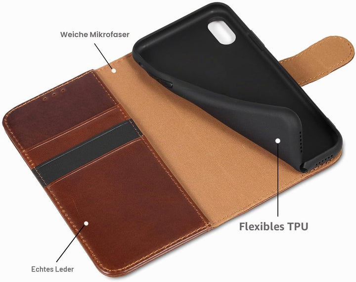 LENSUN Echtleder Hülle für iPhone XS, iPhone X Handyhülle [Echtes Leder][Magnetverschluss][RFID Schu