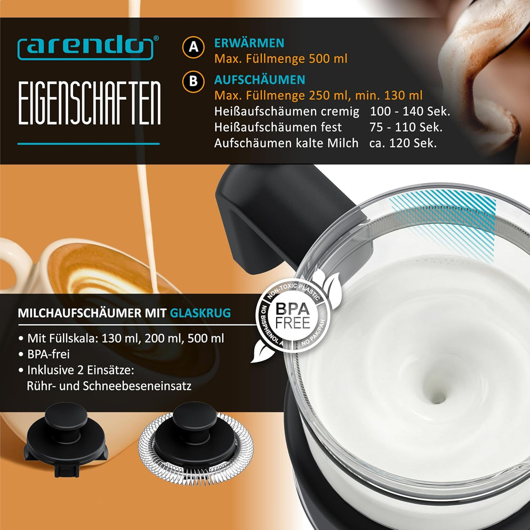 Arendo – Milchaufschäumer elektrisch – 600 Watt Heizelement – 500 ml – 6 Automatikprogramme – Milchs