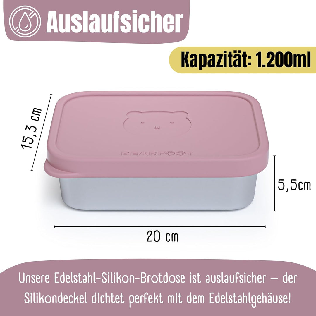 BEARFOOT Edelstahl Brotdose Kinder mit Silikondeckel (Rosa, 1.200 ml) | BPA-frei, auslaufsicher, Bro