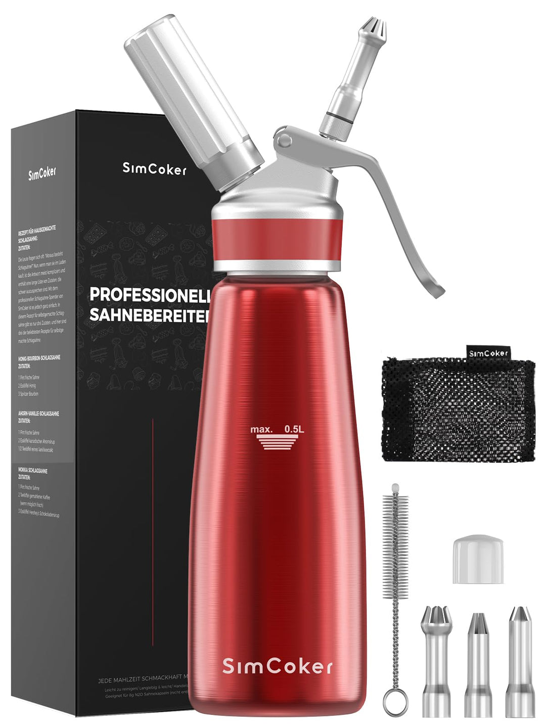 SimCoker Sahnespender 500ml, Aluminium Schlagsahnebereiter für Schlagsahne, Cremes und Sossen,Sahnes
