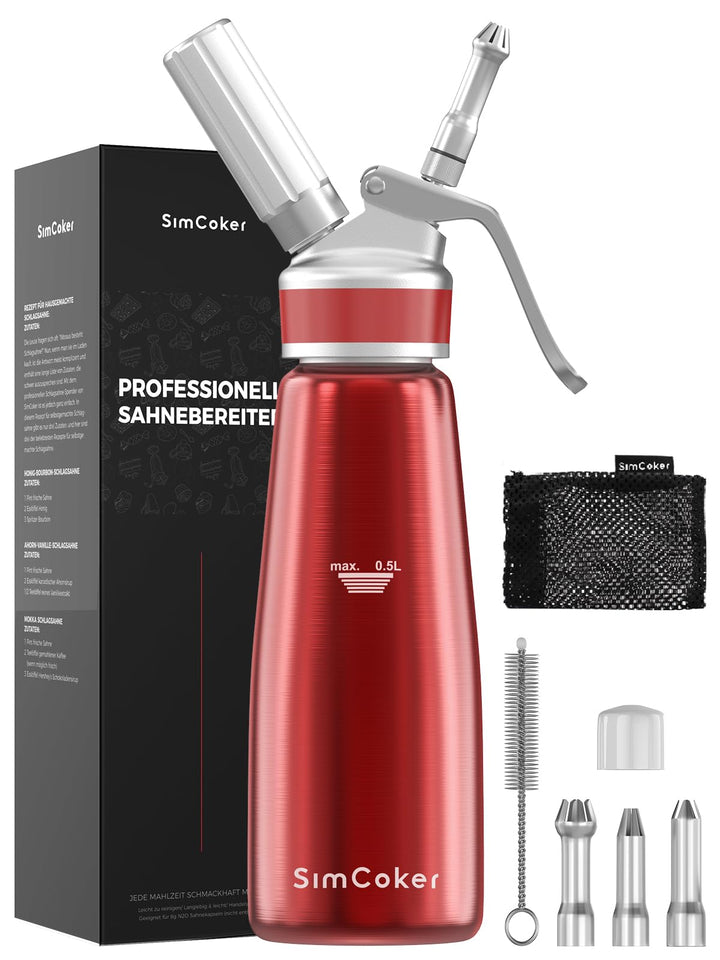 SimCoker Sahnespender 500ml, Aluminium Schlagsahnebereiter für Schlagsahne, Cremes und Sossen,Sahnes