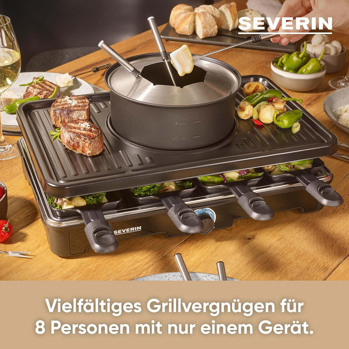 SEVERIN Raclette-Fondue-Kombination für 8 Personen, 2-in-1 Raclette Grill mit Grillplatte &amp; Fondue-S