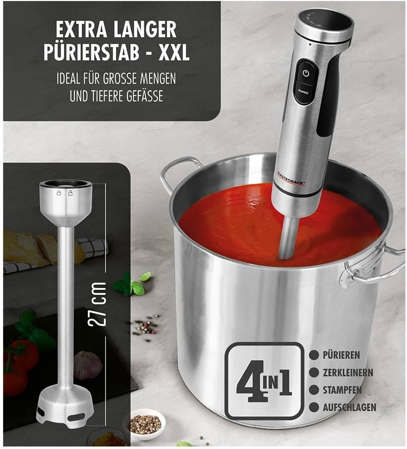 GASTROBACK Edelstahl Stabmixer 1500 Watt - Pürierstab mit 2 Mixaufsätzen, Stampfer, Schneebesen, Rüh