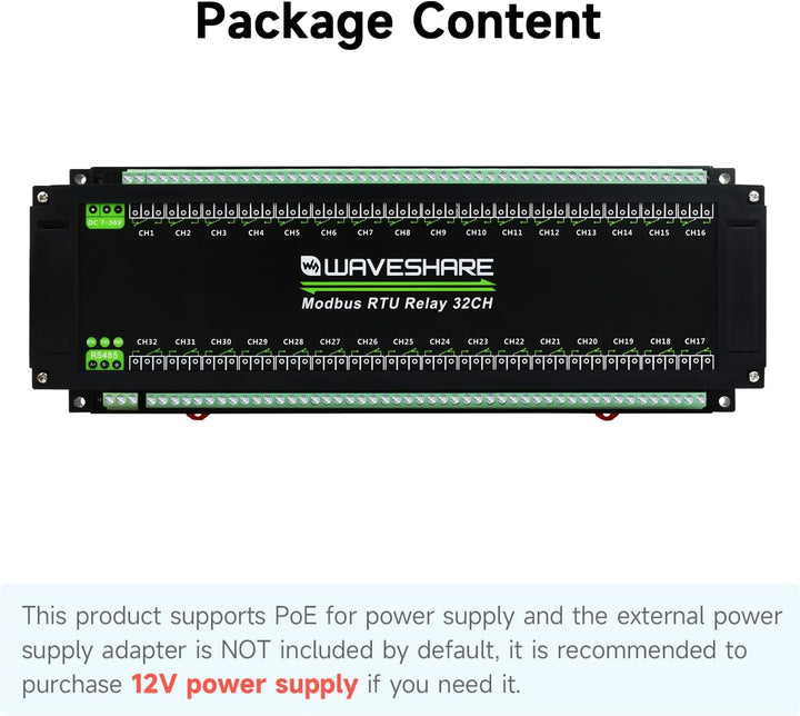 Waveshare Modbus RTU 32-Ch Relay Module, RS485 Interface, with Multiple Isolation Protection Circuit