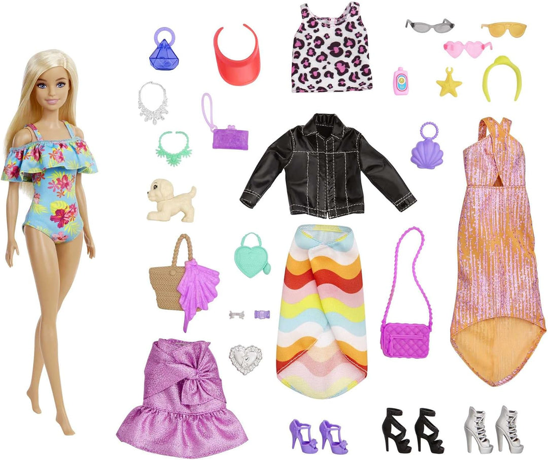 Barbie GYN37 - Adventskalender mit einer Barbie Puppe, 24 Überraschungen, Kleidung und Accessoires f
