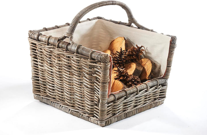 Kobolo Kaminholzkorb Holztrage Holzkorb für Kaminholz Rattan grau mit abnehmbarem Leinenstoff 50x46x