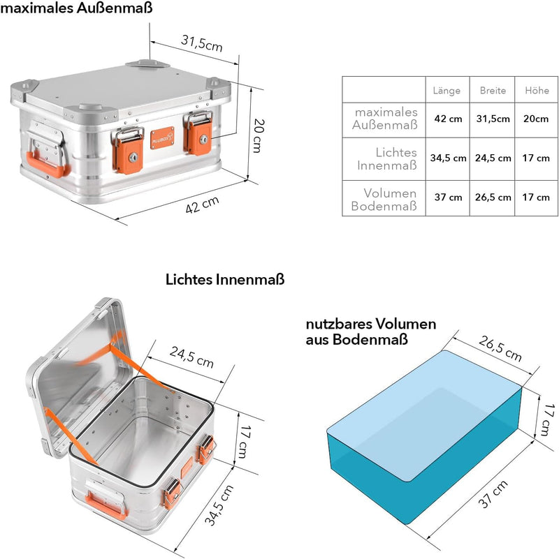 ALUBOX Alukiste abschliessbar E18 - Premium Aluminium Lagerbox 18 Liter - Deckel mit Aluminium Druck