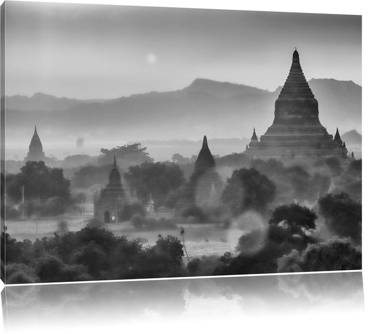 Pixxprint Monocrome, Buddha Tempel im Sonnenuntergang, Format: 100x70 auf Leinwand, 100x70