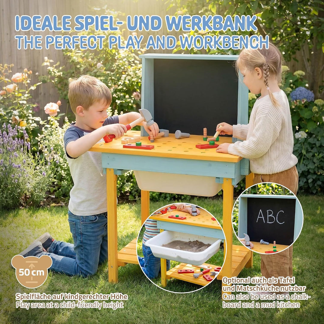 Joyz Werkbank Kinder Holz, Kinderwerkbank mit Tafel &amp; Zubehör, Werkzeugbank Kinder aus massivem Tann