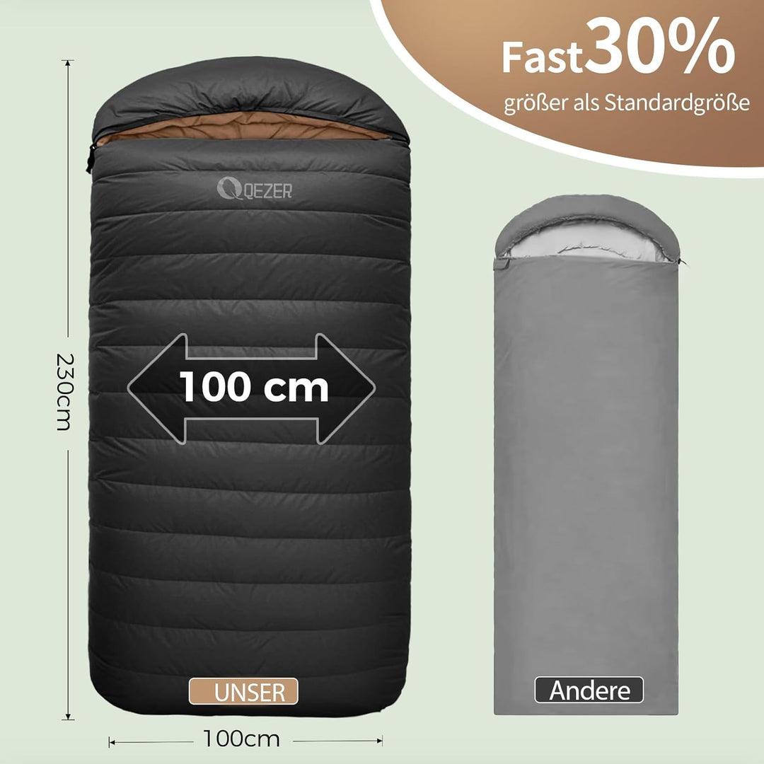 XXL Daunenschlafsack 3-4 Jahreszeiten extra grosser Schlafsack 230cm x100cm, leicht und warm Daunen