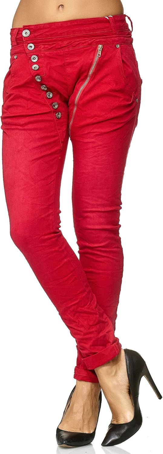Elara Damen Jeans Boyfriend Knopfleiste Chunkyrayan 34 Slim Rot Lissabon, 34 Slim Rot Lissabon