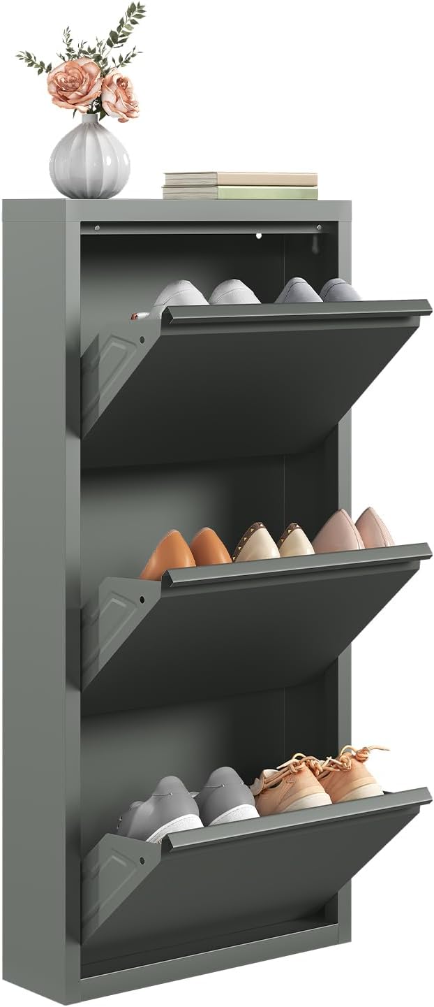 WOLTU Schuhschrank, mit 3 Klappen, Schuhregal, Schuhkipper, für 9 Paar Schuhe, aus Metall, für Flur