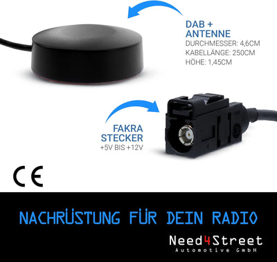 Need4Street DAB+ Antenne zum Nachrüsten des Autoradios, Stecker Fakra, Kabellänge 250cm, Autoantenne