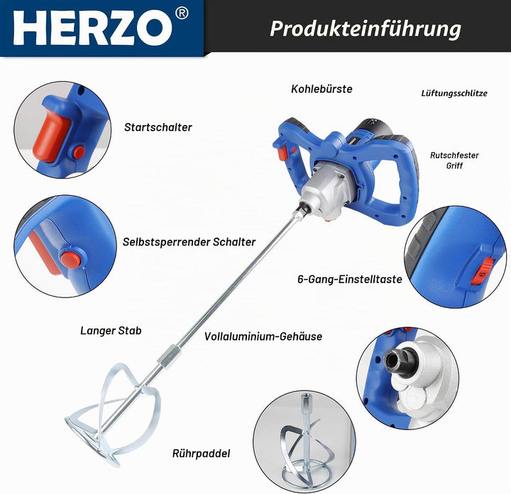 HERZO Rührwerk 1300W,Metallgetriebe,Rühreraufnahme M14, Rührer ø 120 mm für Mischgut Beton, Mörtel,
