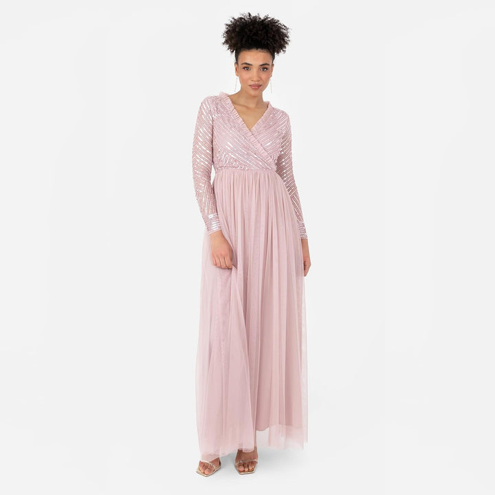 Maya Deluxe Women's Maxi Dress Ladies Embellished Wrap Tulle Frilly V-Neck Long Sleeve for Wedding G