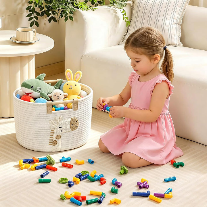 Aufbewahrungskorb Kinderzimmer Spielzeug Aufbewahrung, 19L Korb mit Holzgriffen, Wickeltisch Organiz