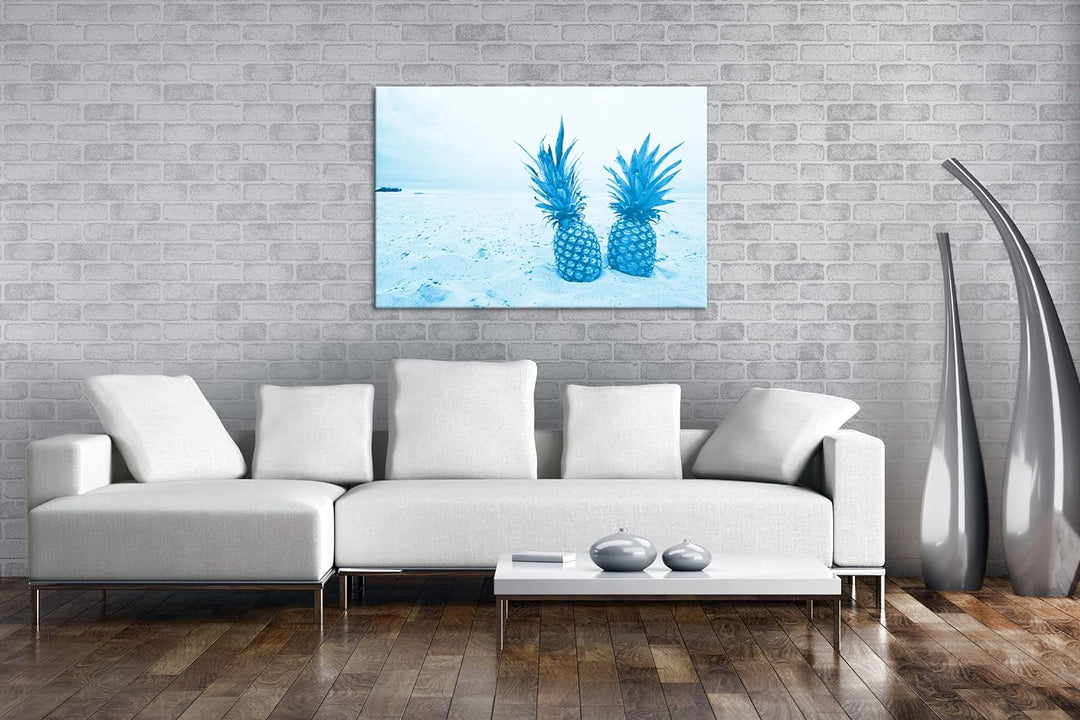 deyoli Ananas am Sandstrand Format: 80x60 Effekt: Monocrome Blau als Leinwandbild, Motiv fertig gera