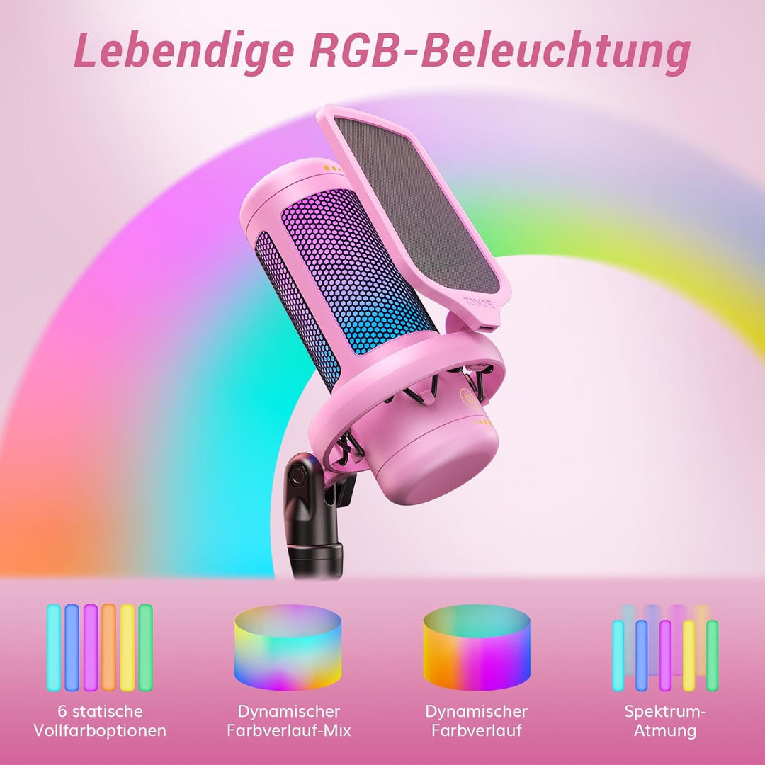 TONOR RGB Gaming Mikrofon PC Set Heilligkeit Verstellbar, USB Microphone mit Mikrofonarm für Compute