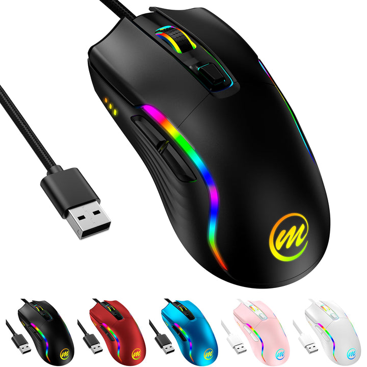 memzuoix Gaming Maus mit Kabel und LED-Lichtern – 12.800 DPI einstellbar, 6 Tasten, 12 RGB-Modi, Erg