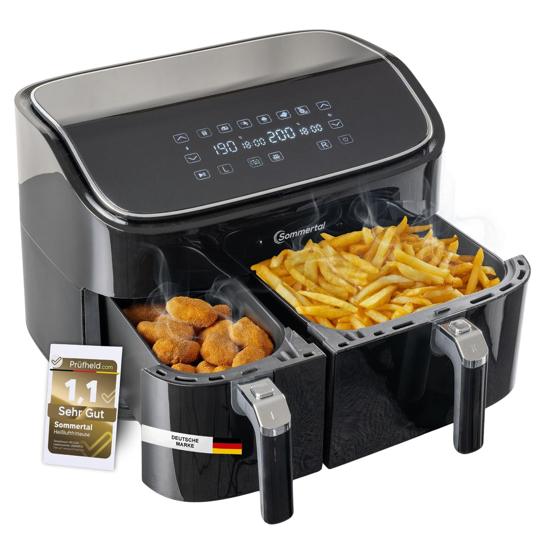 Sommertal HF DUAL 900, Heissluftfritteuse Doppelkammer 9 Liter, Airfryer mit 2 Körben, 2850 Watt, mi
