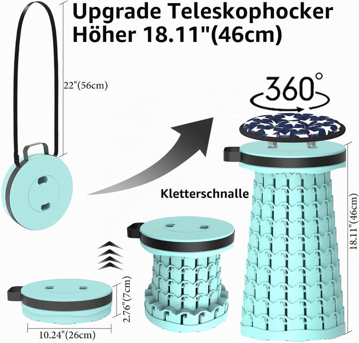 Tragbarer klapphocker mit Kissen,Campinghocker faltbar,teleskophocker Faltbarer für Erwachsene für W