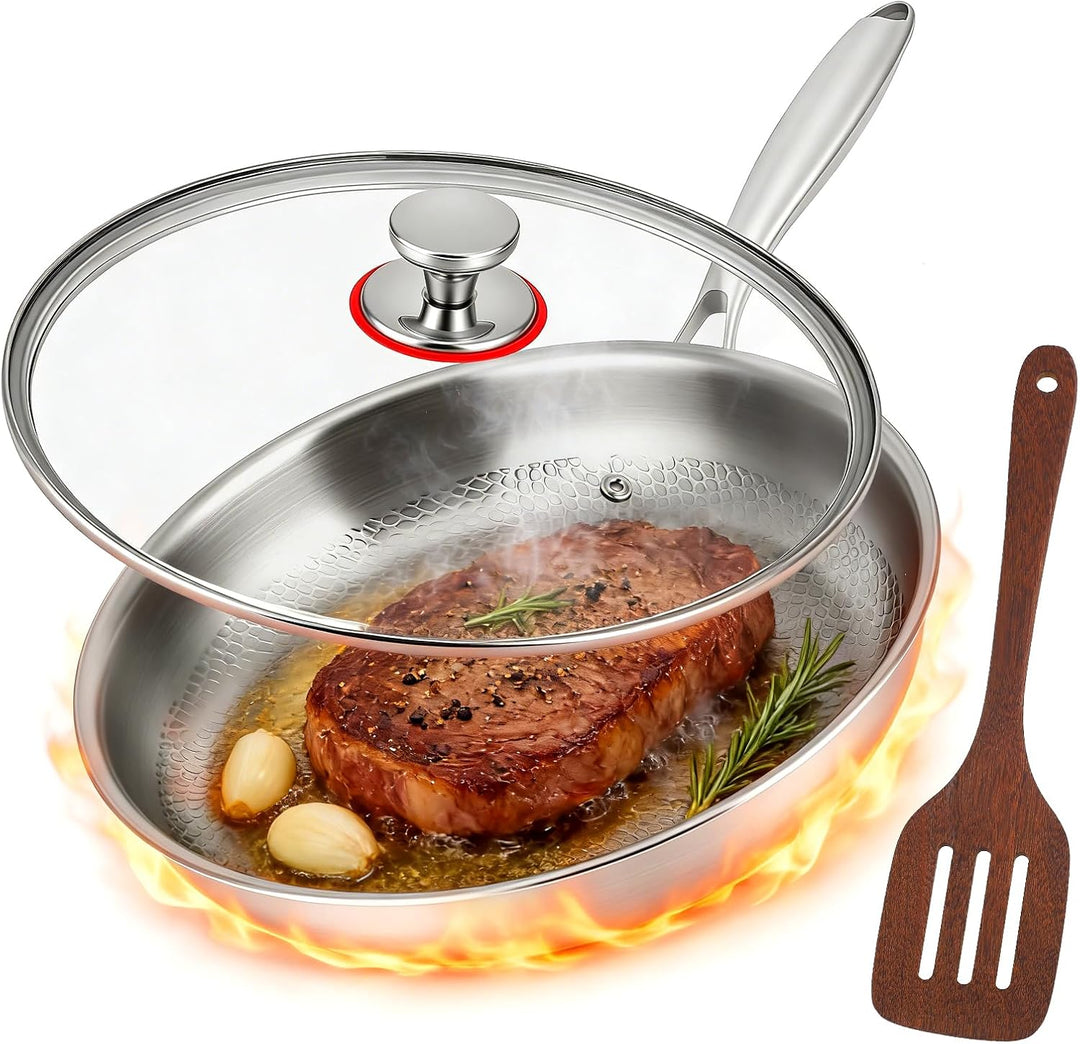 Titan Bratpfanne 28 cm mit Deckel–Unbeschichtete Pfanne aus 99,7% reinem Titan &amp; 316L Edelstahl, ohn
