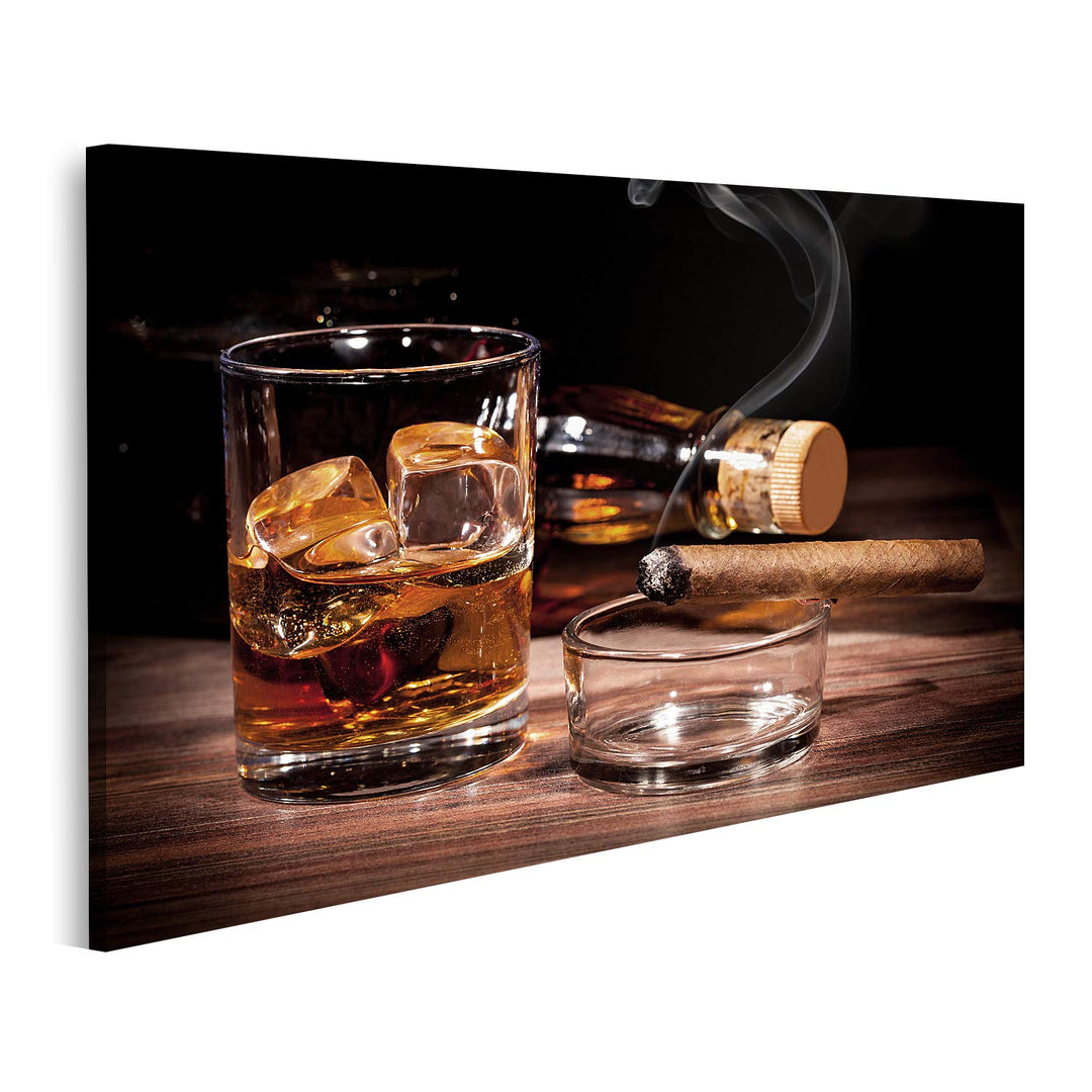 islandburner Bild auf Leinwand Glas Whiskey Zigarre Schwarzer Hintergrund Bilder Wandbilder Poster L